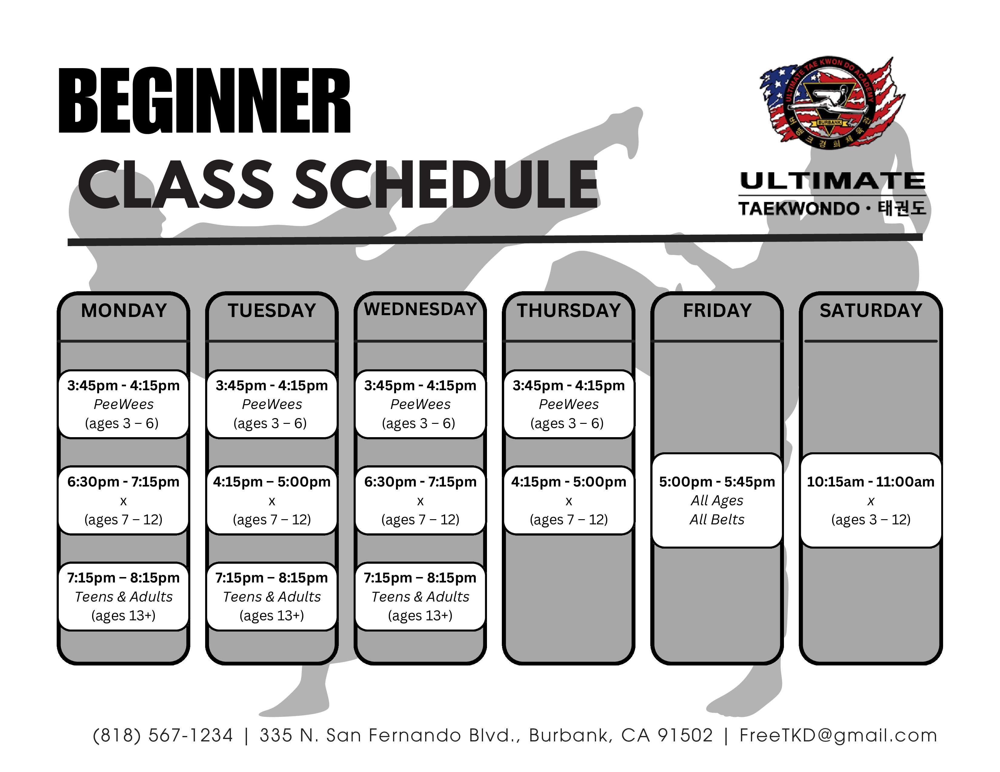 2026 Beginner Class Schedule with class days and times